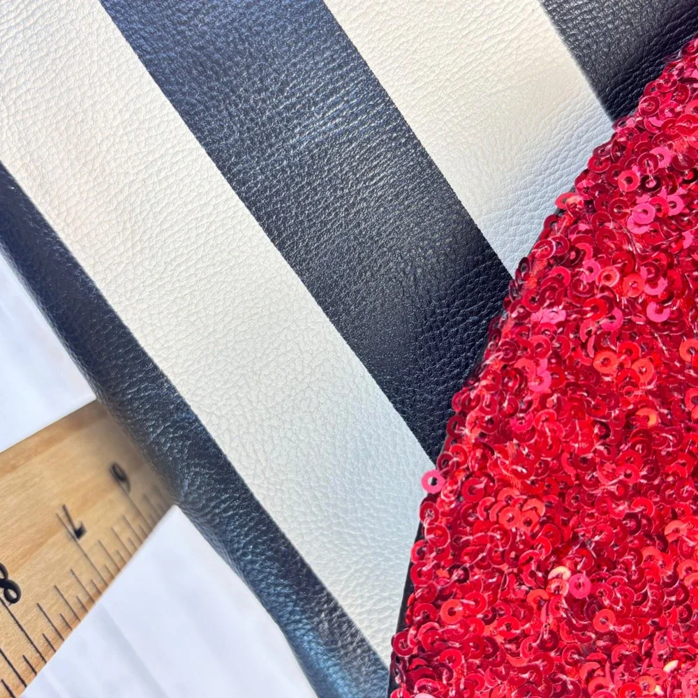 Betsey Johnson Black White Striped Satchel Red Sequin Bow Handbag Studded Handle